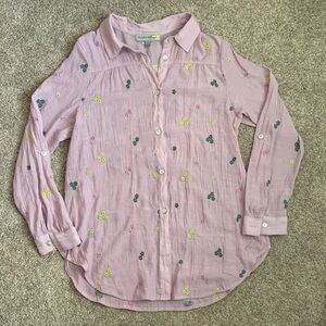 Figueroa&flower Lavender Thin Button-Up Blouse with Floral Embroidery Size S
